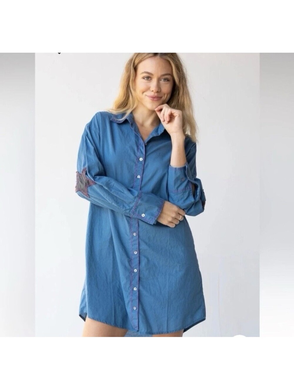 Natural Life Lesli Shirt Dress Tunic XS/S Cotton Pink Stitching Star Elbow Patch